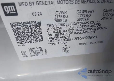 2024 GMC Sierra 1500 4Wd Standard Box Elevation from USA, damaged, VIN 3GTPUCEK2RG293973